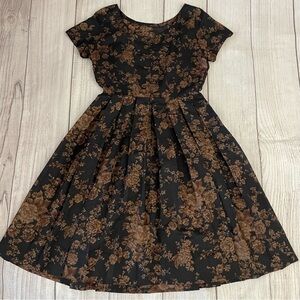 VINTAGE 1940s/50s Women’s Brown Floral Pleated A Line Dress Size 8 or 10